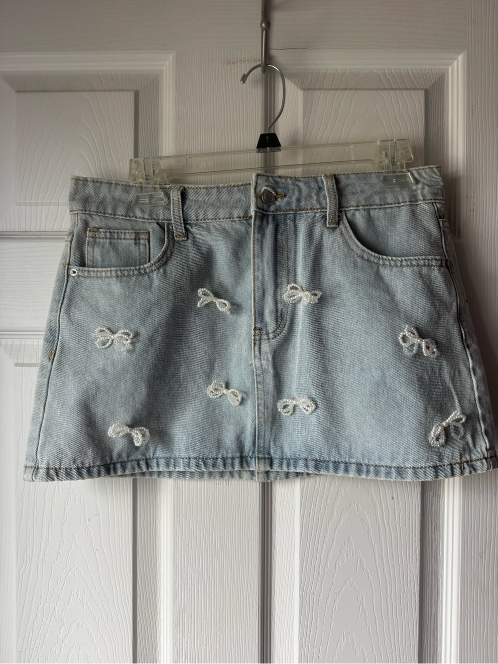 Missguided Light Blue Denim Mini Skirt with White Embroidered Bows